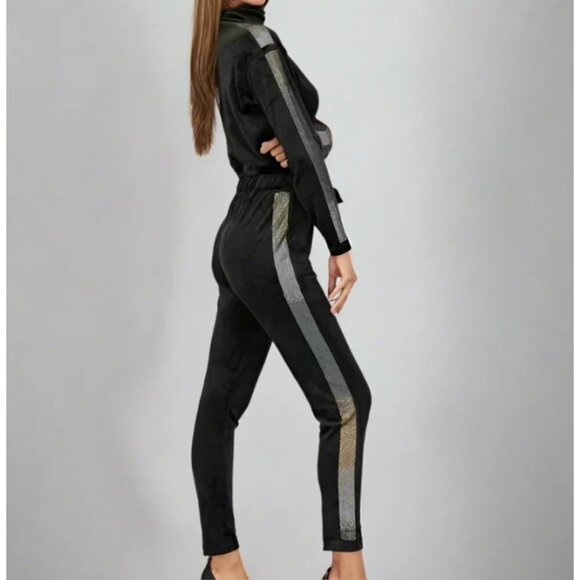 Juicy Couture Jumpsuit 90s Bling Velour Womens Black Mock Neck Ombre Stripe Y2K - Picture 1 of 11